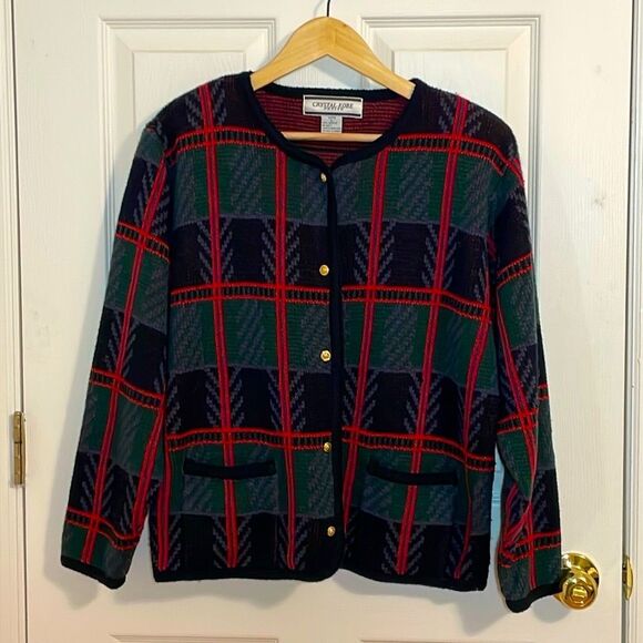 Vintage Crystal Kobe Plaid Christmas Cardigan Sweater, petite Large - Picture 1 of 5